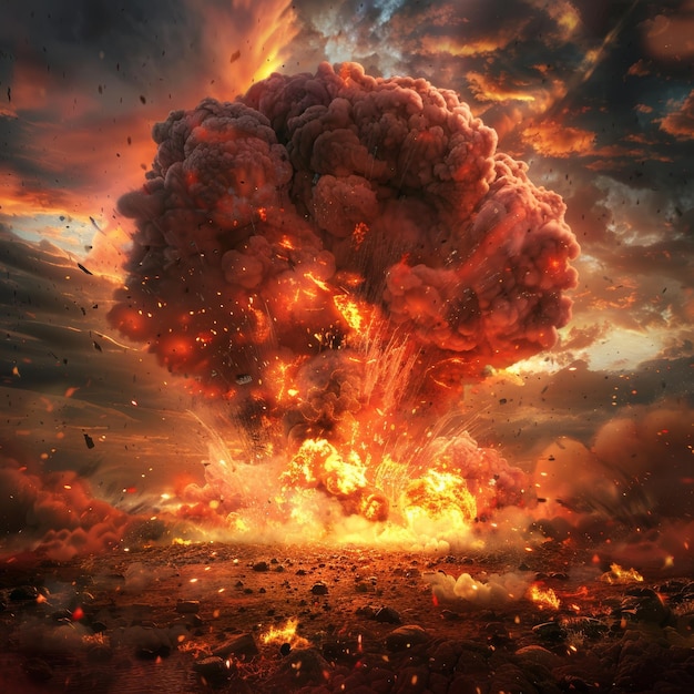 Cartoon Illustration of a fire background with a red bomb explosion cloud over a destroyed burnt area Boom effect with smoke Icon design with dynamite explosive detonation atomic war effect web