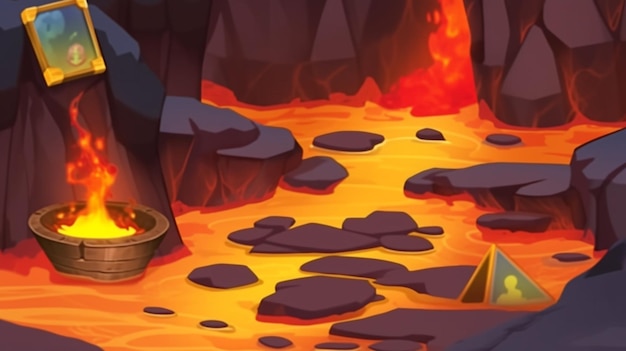 Photo cartoon illustration of a fire pit in a cave with rocks and a fire generative ai