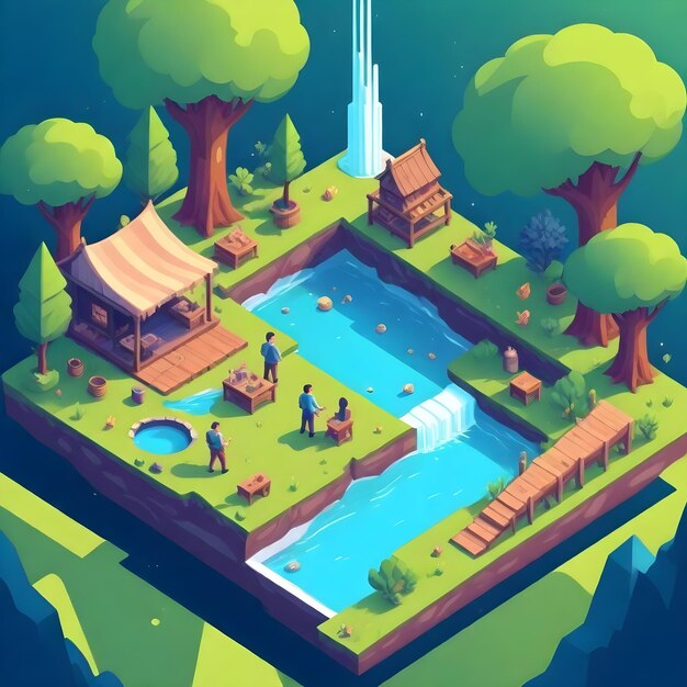 a cartoon illustration of a floating island with a pool and a building in the background