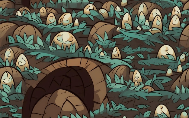 A cartoon illustration of a forest with a bunch of mushrooms and leaves.