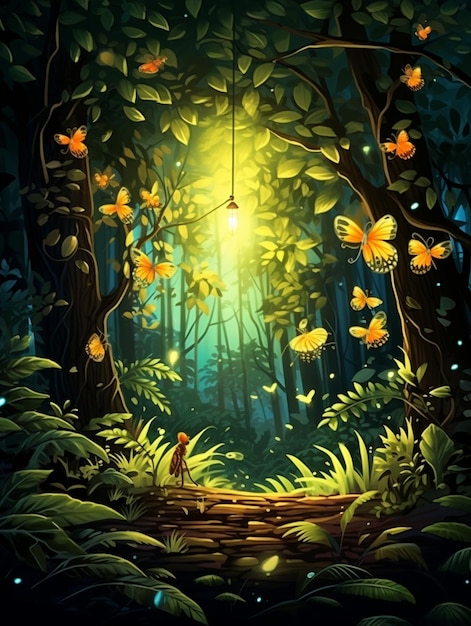Photo a cartoon illustration of a forest with a light in the middle generative ai
