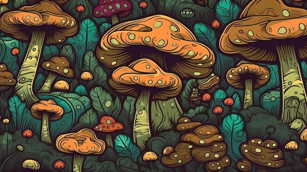 A cartoon illustration of a forest with mushrooms and the words'mushroom '