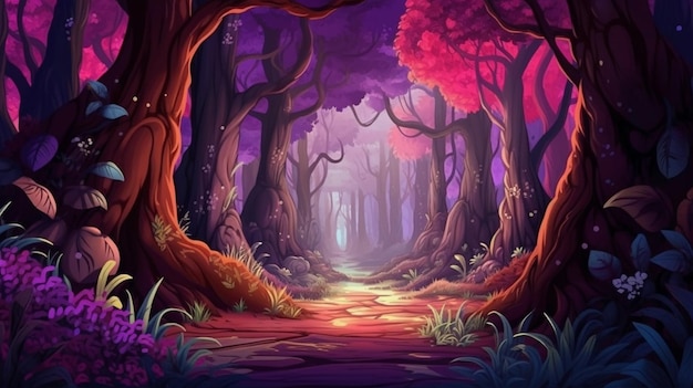 A cartoon illustration of a forest with a path through it generative ai