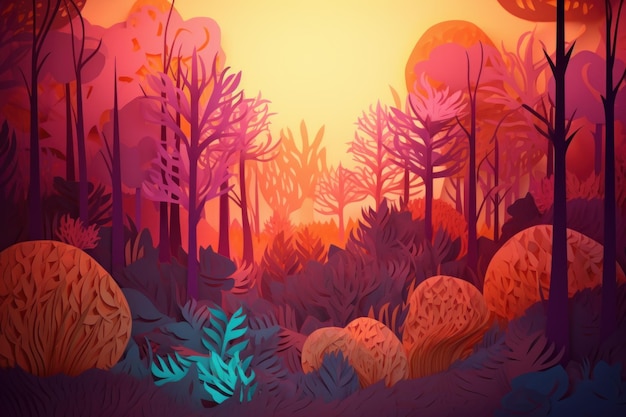 A cartoon illustration of a forest with a sun shining on the top.