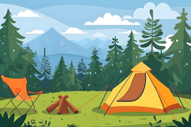 Photo a cartoon illustration of a forest with tents and mountains in the background