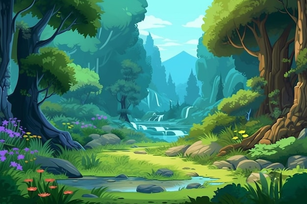 A cartoon illustration of a forest with a waterfall and trees generative ai