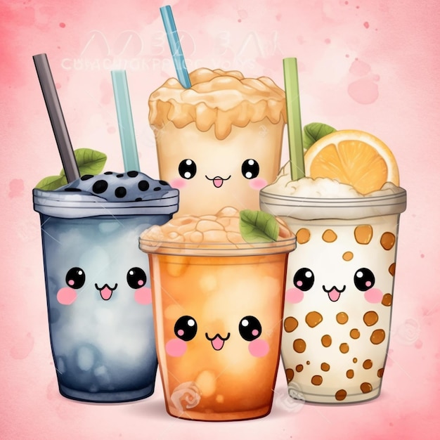 A cartoon illustration of four different drinks with the words bubble tea.