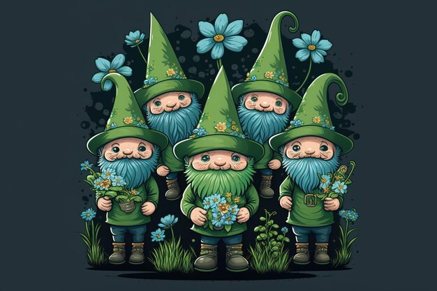 Photo a cartoon illustration of four gnomes holding flowers.