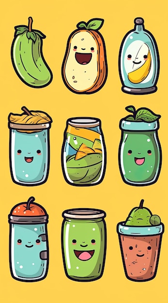 a cartoon illustration of fruits and vegetables in a jar.