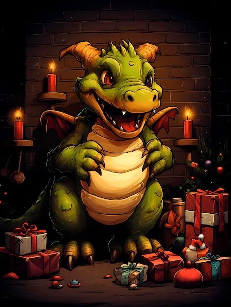 Cartoon illustration of a funny dragon with gifts in the background