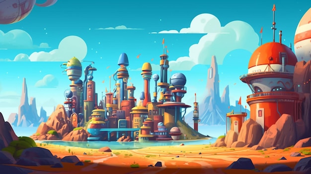 A cartoon illustration of a futuristic city in the desert generative ai