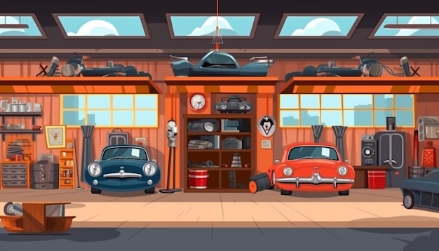 Photo cartoon illustration of a garage with classic cars and a coffee table generative ai