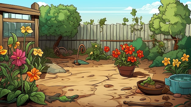 Foto illustrazione di cartone animato di un giardino con un sentiero di terra e fiori generativo ai