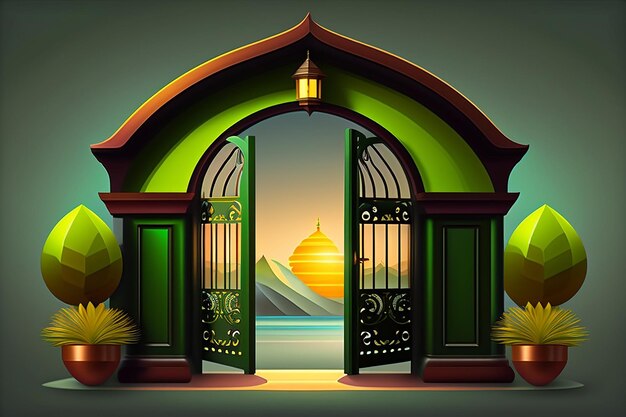 A cartoon illustration of a gate with a view of the mosque.