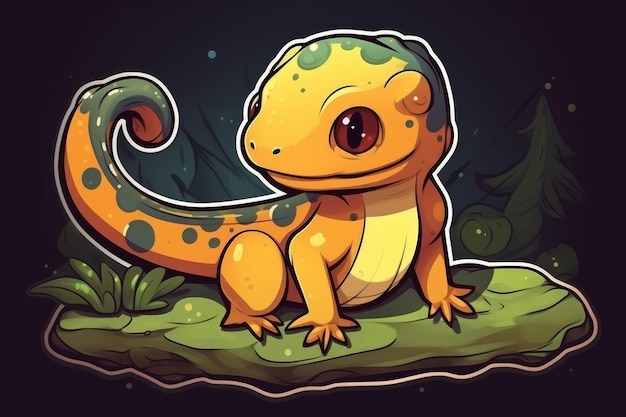 A cartoon illustration of a gecko with a dark background.