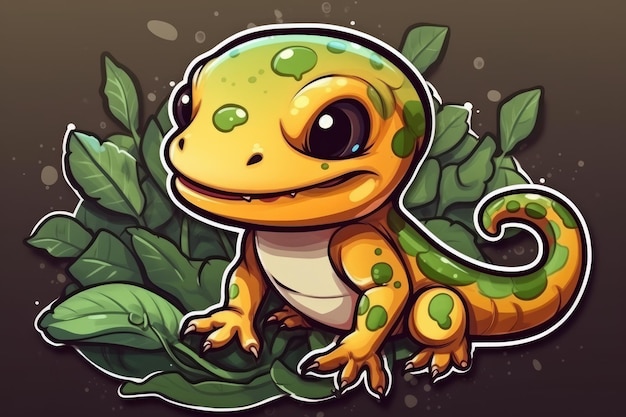 A cartoon illustration of a gecko with green spots and a yellow and green pattern.