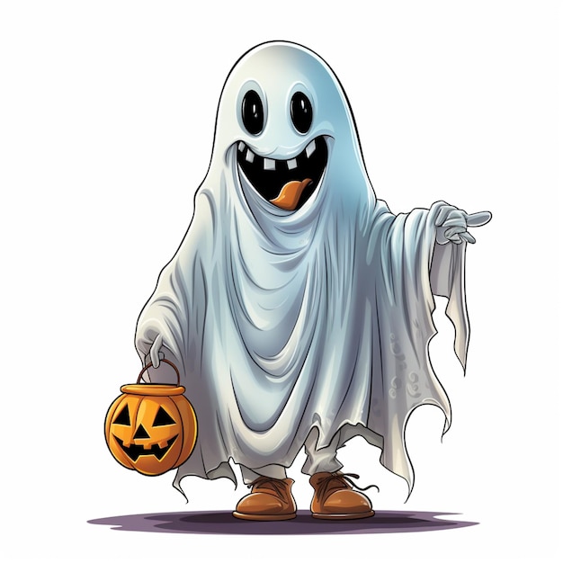 cartoon illustration of a ghost holding a pumpkin and a trick bag generative ai