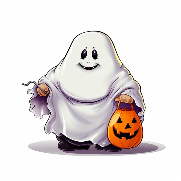 Cartoon illustration of a ghost holding a pumpkin and a trick bag generative ai