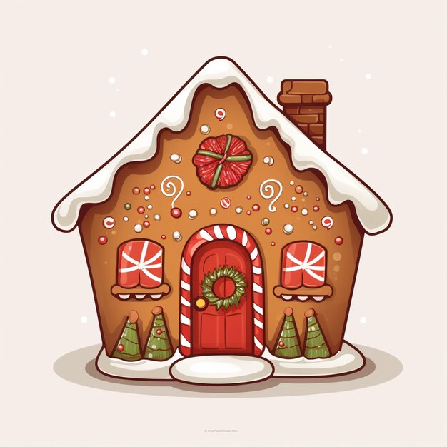 Photo cartoon illustration of a ginger house with a christmas wreath and candy canes generative ai