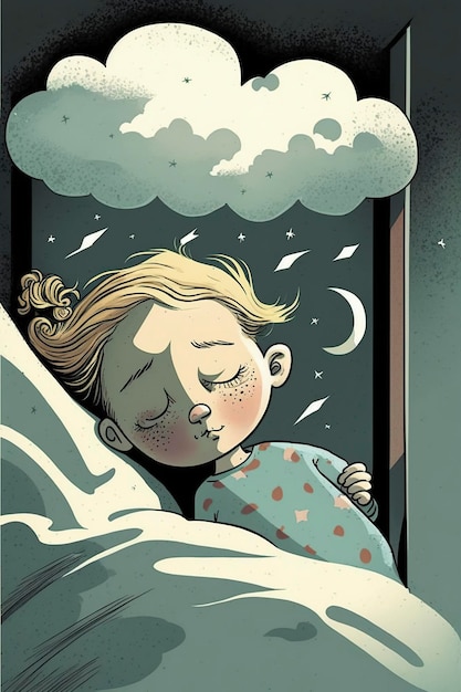 Foto illustrazione di cartone animato una ragazza sogna tra le nuvole generativo ai