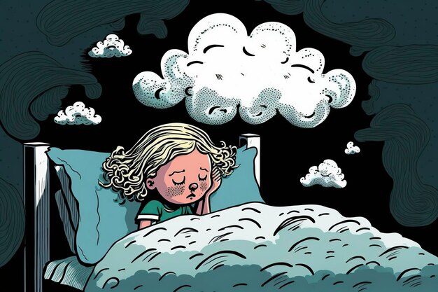 cartoon illustration a girl dream among the clouds generative ai