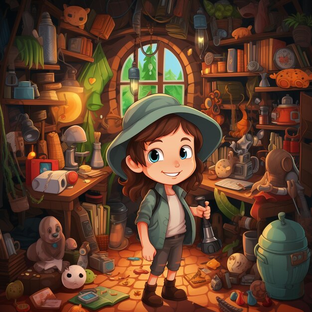 cartoon illustration of a girl in a hat and jacket in a room with toys generative ai