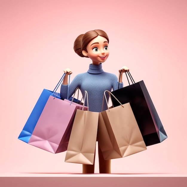 a cartoon illustration of a girl holding shopping bags.