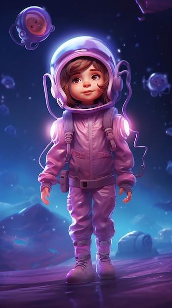 Cartoon illustration of a girl in a space suit standing on a planet generative ai