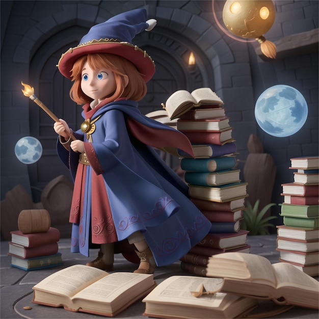 a cartoon illustration of a girl with a magic wand and a book with a moon in the background.