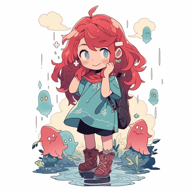 Cartoon illustration of a girl with red hair and a backpack generative ai