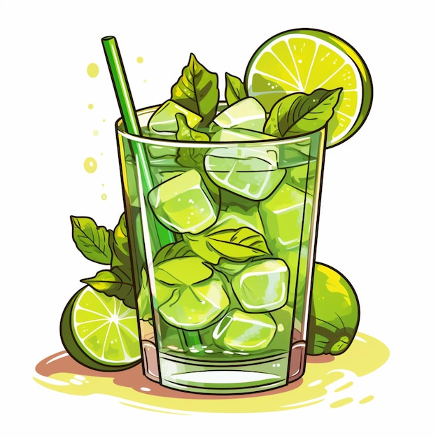 a cartoon illustration of a glass of limeade with ice and lime slices generative ai