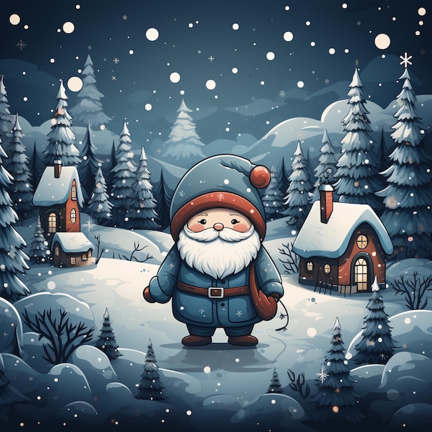 cartoon illustration of a gnome standing in a snowy village generative ai