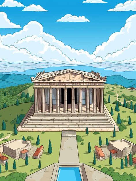 Photo cartoon illustration of a greek temple with a pool in the foreground generative ai