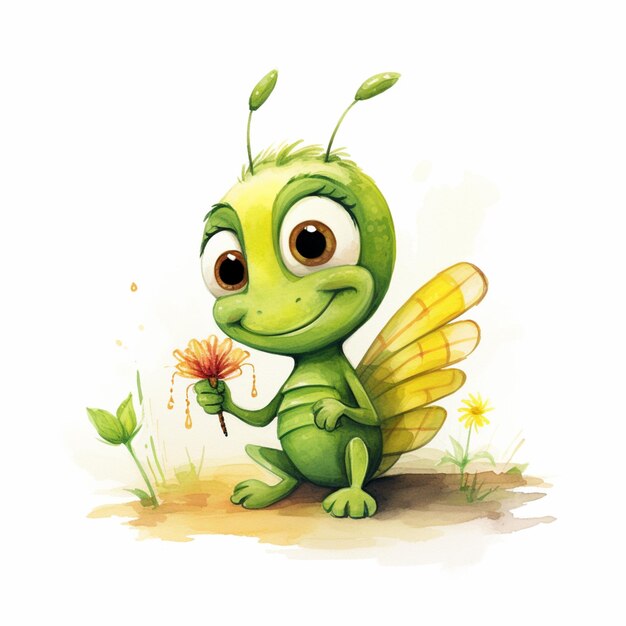 cartoon illustration of a green bug with a flower in its hand generative ai