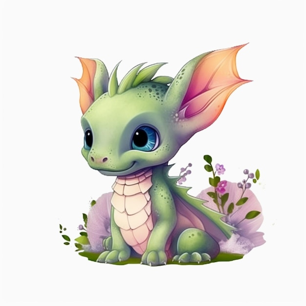 Cartoon illustration of a green dragon with orange wings sitting in the grass generative ai