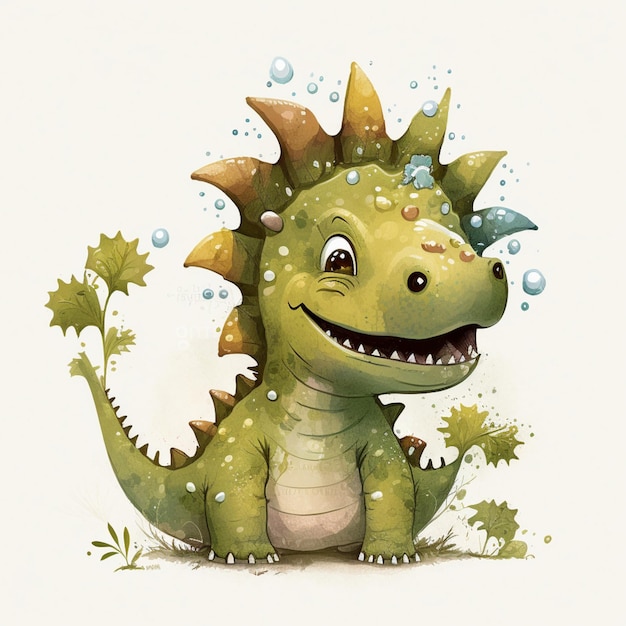 cartoon illustration of a green dragon with a spiky head and a star on its head generative ai