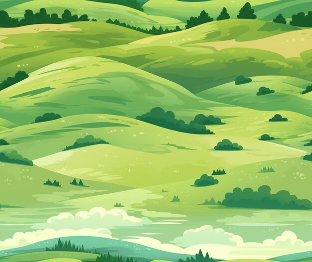 A cartoon illustration of a green hilly landscape with trees and hills generative ai