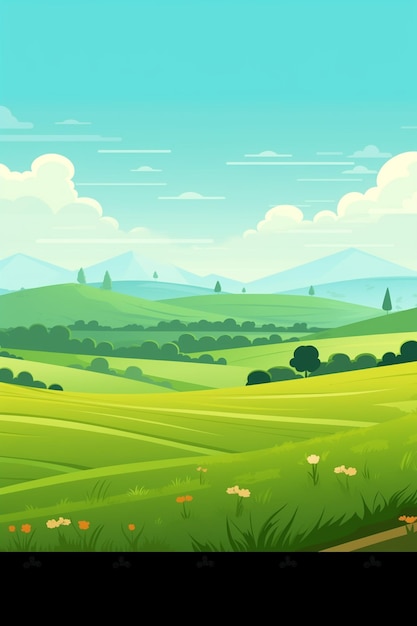 мультфильм иллюстрация зеленого пейзажа с холмами и цветами generativ ai