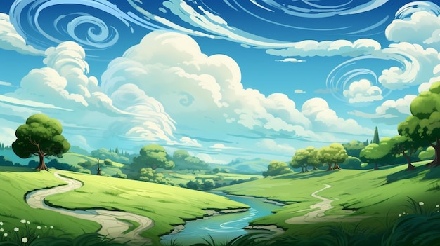 cartoon illustration of a green landscape with a river and trees generative ai