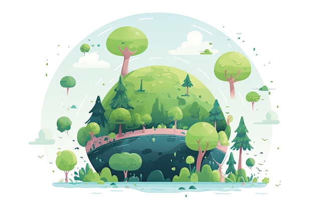 A cartoon illustration of a green landscape with trees and a lake.