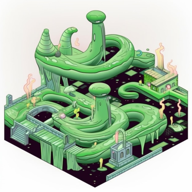 Photo a cartoon illustration of a green maze with a giant green monster generative ai