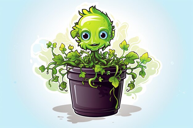 Foto illustrazione di cartone animato di una pianta verde con una faccia in un vaso generativo ai