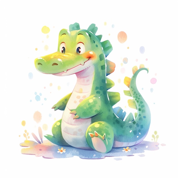 cartoon illustration of a green and white alligator sitting on the ground generative ai