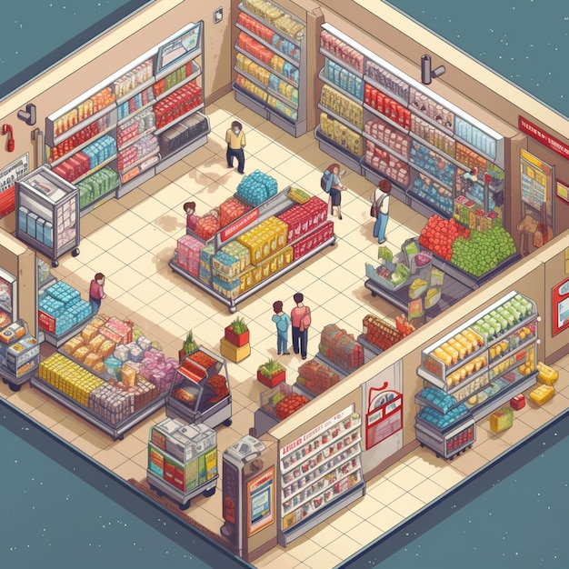 Photo a cartoon illustration of a grocery store with people shopping generative ai