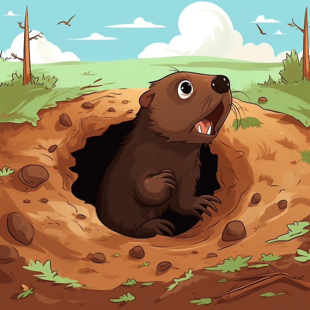 Photo cartoon illustration of a groundhog in a hole in the ground generative ai