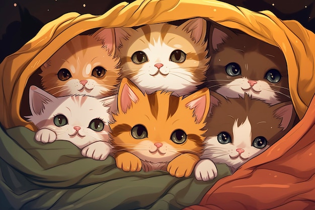 Photo cartoon illustration of a group of adorable kitten