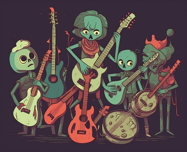 Photo cartoon illustration of a group of alien musicians with guitars and a guitar generative ai