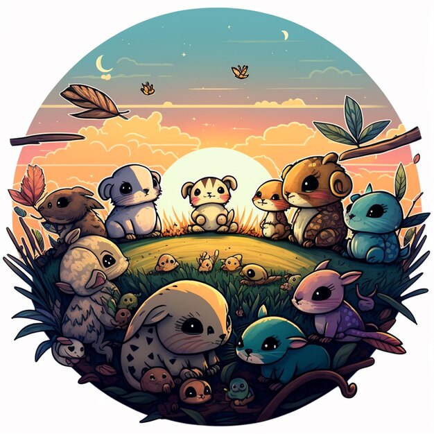 Foto illustrazione a cartone animato di un gruppo di animali in un campo con un generativo ai tramonto