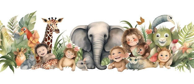 A cartoon illustration of a group of animals including a baby and a baby.