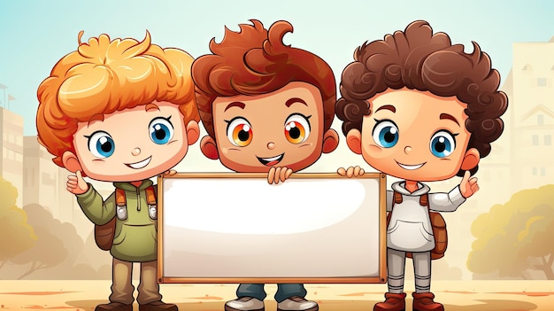 Cartoon illustration of a group of boys holding a blank board on a city background